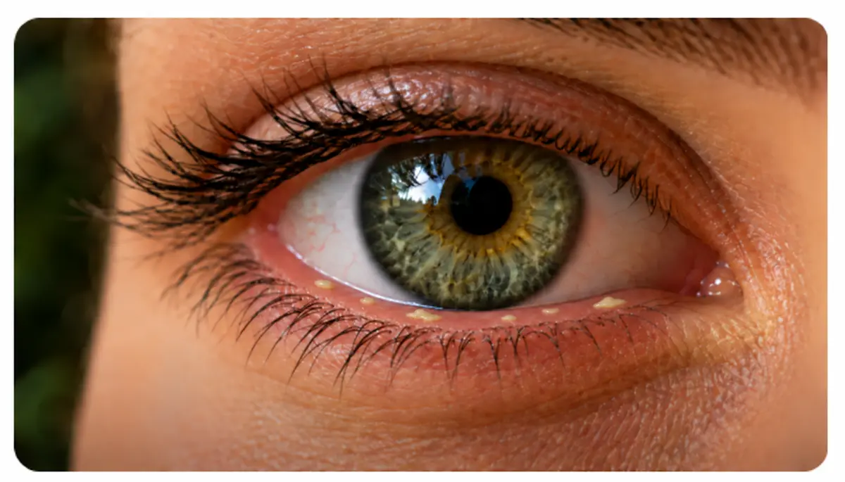 Close view of subtle meibomian gland capping along the eyelid margin