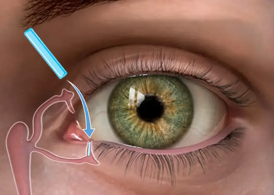 Illustration showing placement of a punctal plug at the tear drain