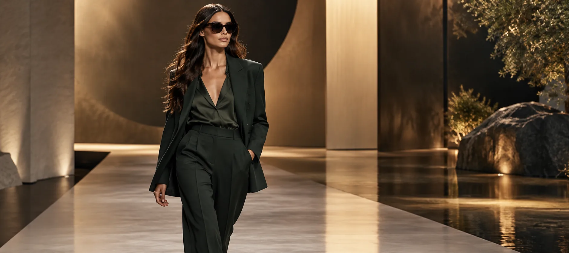Runway model wearing unbranded sunglasses in a refined fashion setting