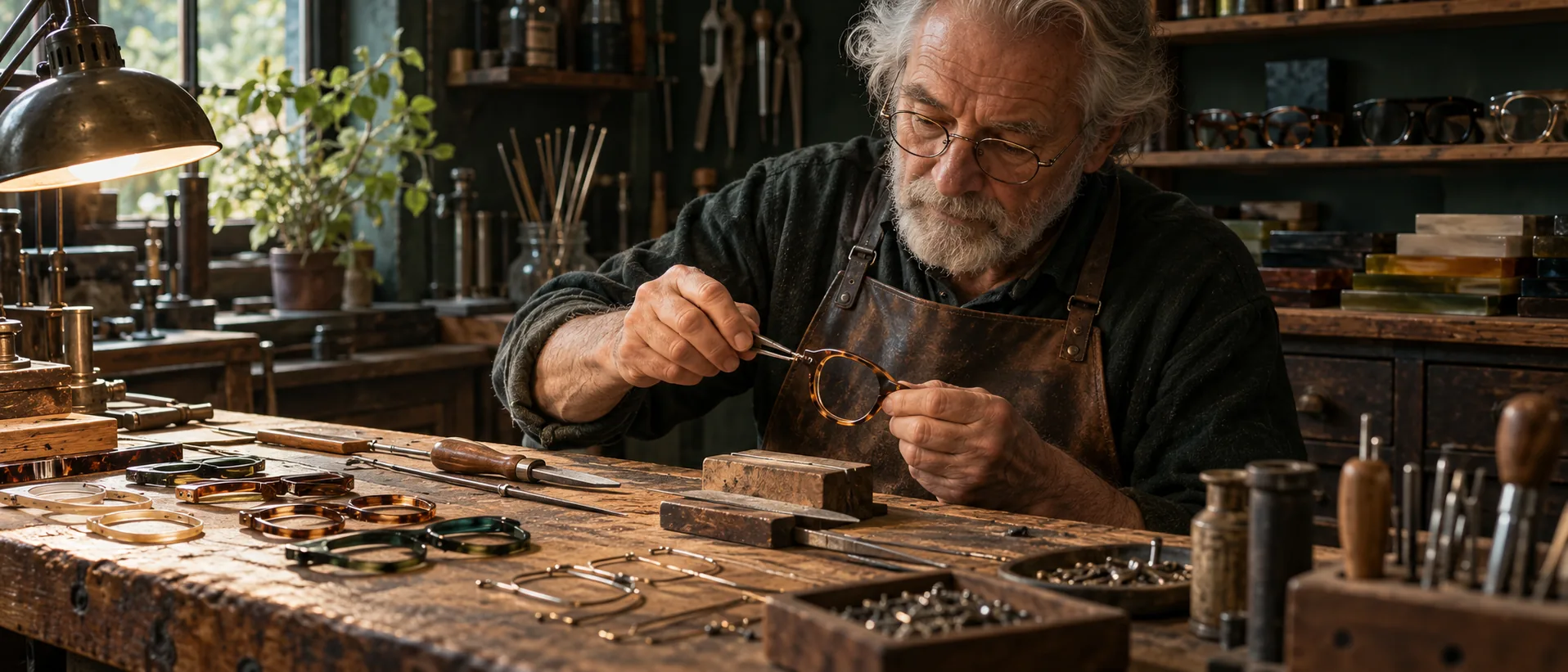 Independent eyewear artisan crafting a frame by hand at a wooden workbench