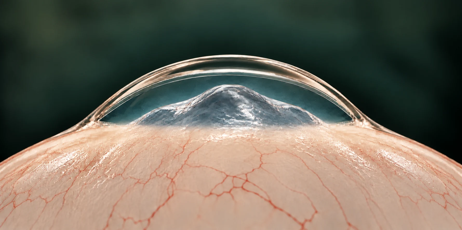 Side-profile medical illustration of a clear scleral lens vaulting an elevated irregular, avascular cornea at a defined limbal junction above the vascular sclera and a fluid reservoir